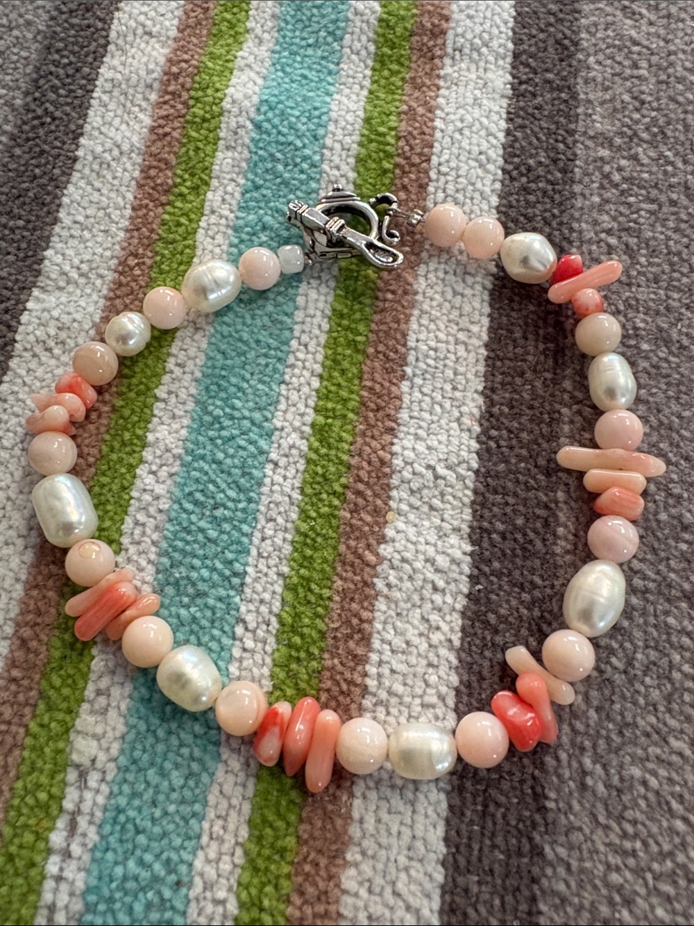 Pink Coral & Pearl Beaded Bracelet with Silver-Tone Teapot Toggle